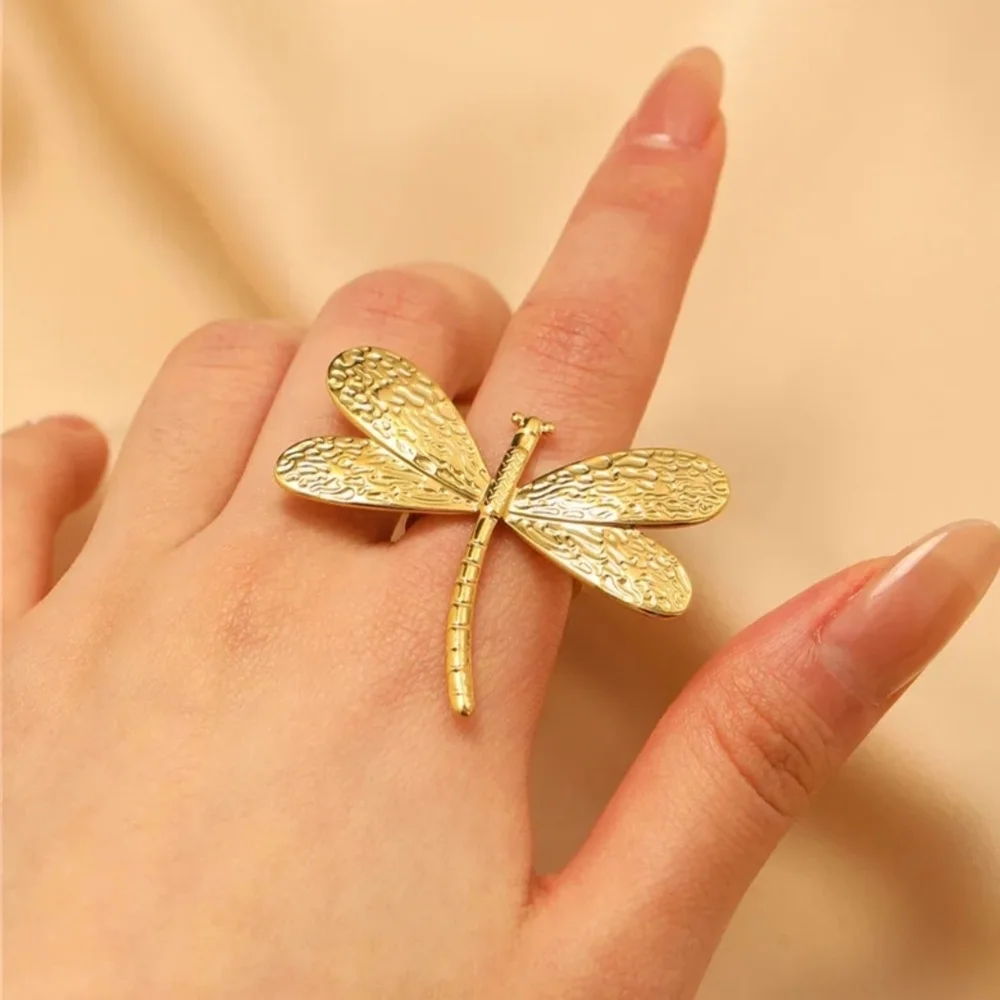 Dragonfly Ring Statement Ring 18k Gold Plating Stainless Steel Adjustable